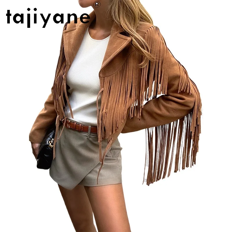 TAJIYANE Spring Genuine Leather Jacket Woman Short Overcoat Sheepskin Suede Womens Winter Coats Tassel Motorcycle Jackets Косуха