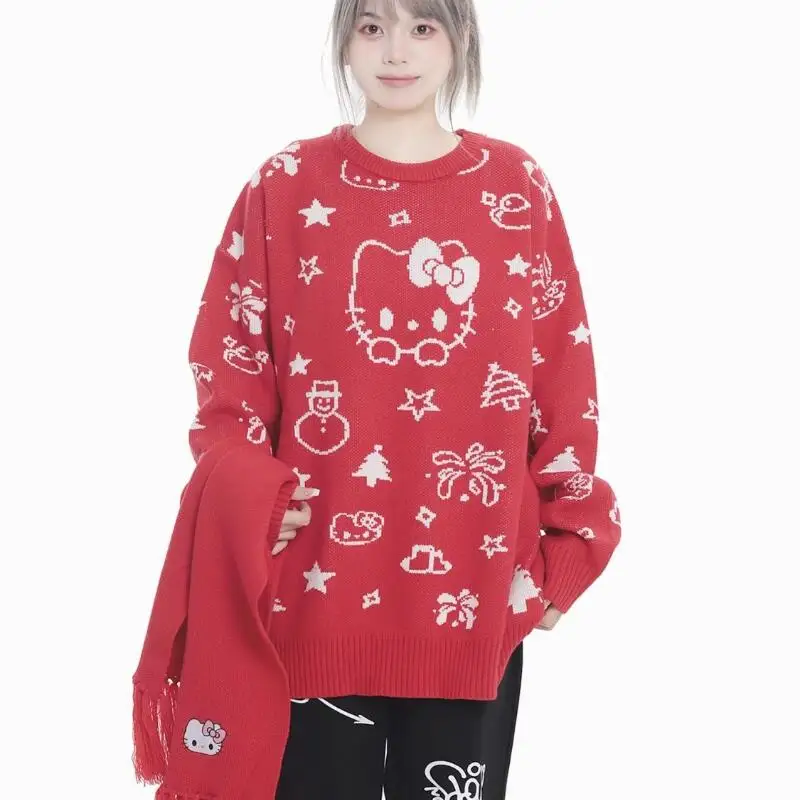فتاة مرحبا كيتي سترة Kawaii أنيمي أزياء طالب عارضة جولة الرقبة الخريف والشتاء محبوك قميص البلوز قمم نمط جديد