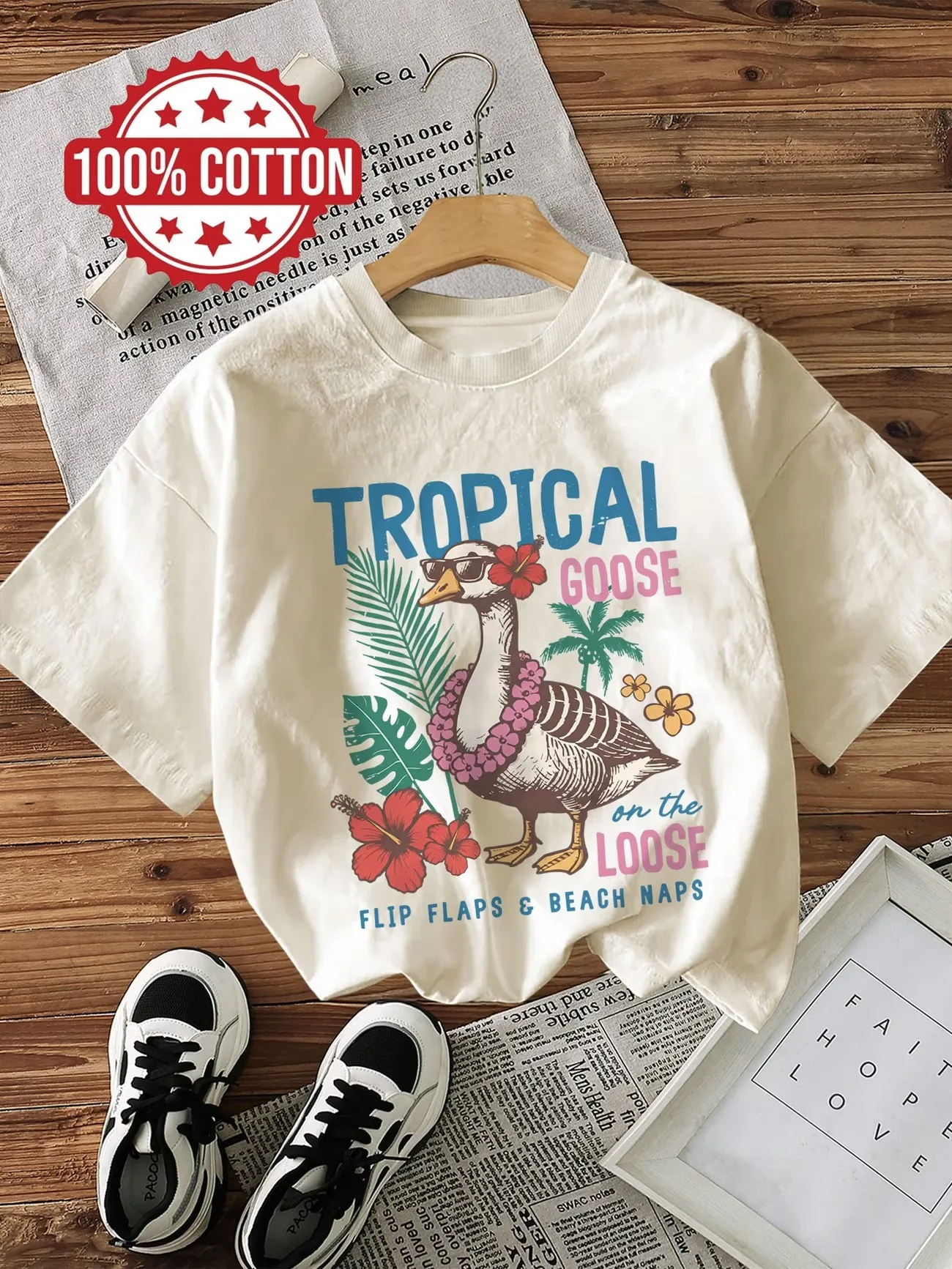 Kawaii Goose with Flower Print 100% Cotton T-Shirt Women Fashion Vacation T Shirt Round Neck Short Sleeve Top Tee Loose Clothes