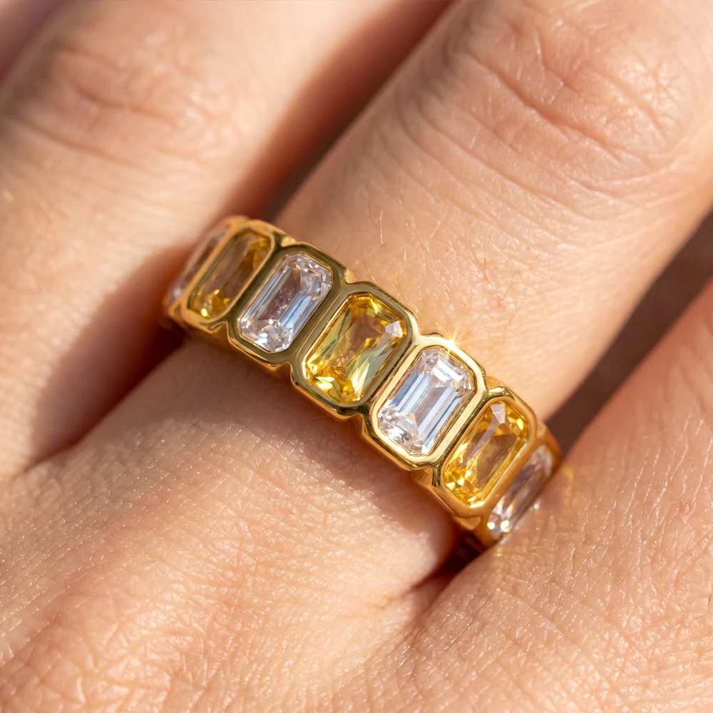 

18K Gold Plated Stainless Steel Rings Colorful Square Cubic Zirconia Stackable Aesthetic Luxury Jewelry for Women Girls Gifts