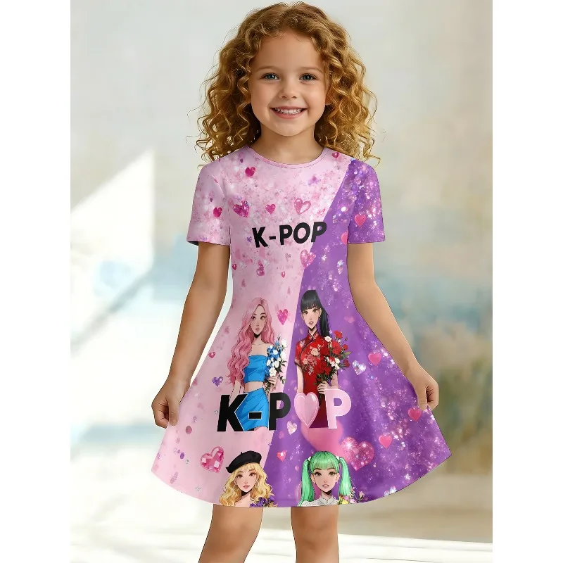 Girl K-POP Idol Group Printed T-shirt Dress, Pink Purple Sparkling Casual Dress, Suitable for Fans and Children's Birthday Gifts