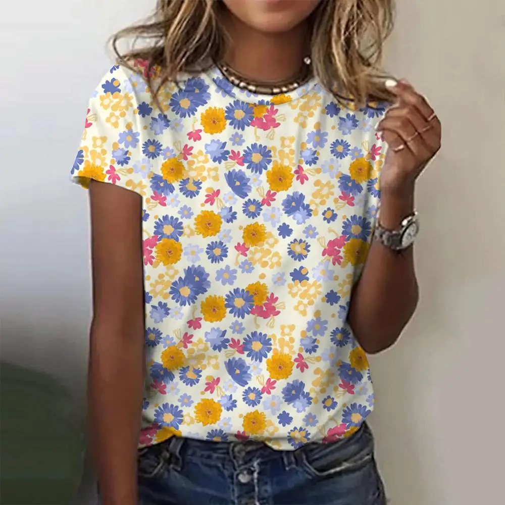 Camiseta con estampado Floral en 3d para mujer, Top informal con cuello redondo para mujer, Tops Harajuku para niña, ropa de calle de manga corta,