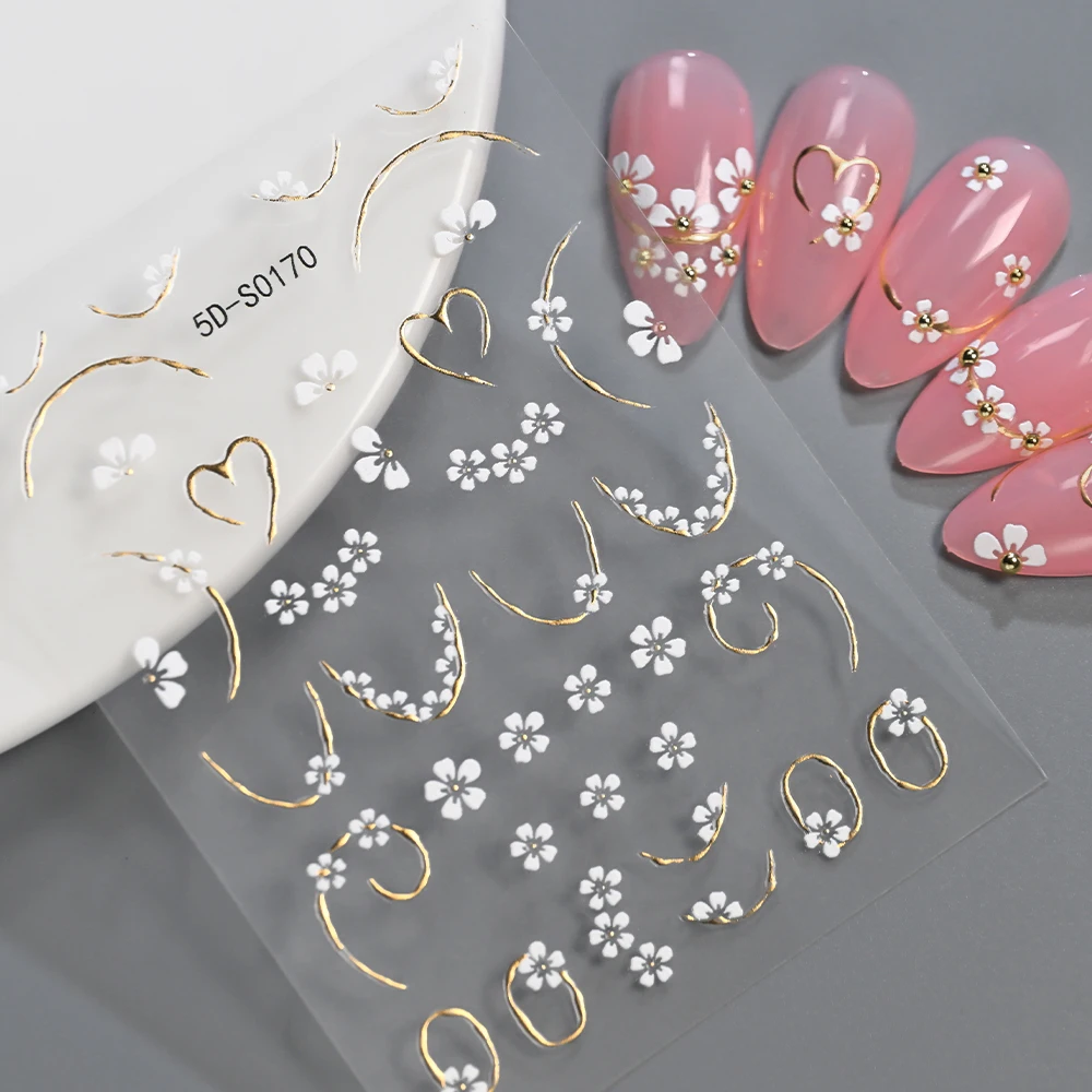 1Pcs 5D Embossed White Daisy Flower Nail Stickers Gold Heart French Line Self-Adhesive Nails Decal Spring Floral Manicure Slider