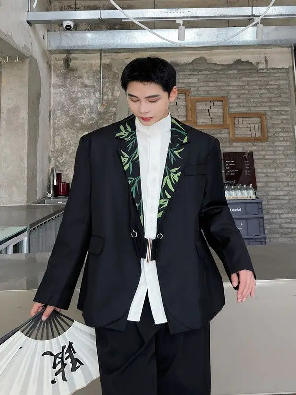 4-B1  2023 autumn new style new Chinese style suit green bamboo print design rendy brand handsome personality suit jacket men