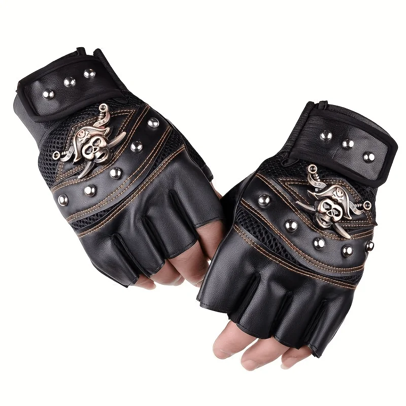 Pirate Style Half Finger Gloves, Faux Leather Rivet Fingerless Gloves with Skull Ornament, Halloween Cosplay Costume Gloves