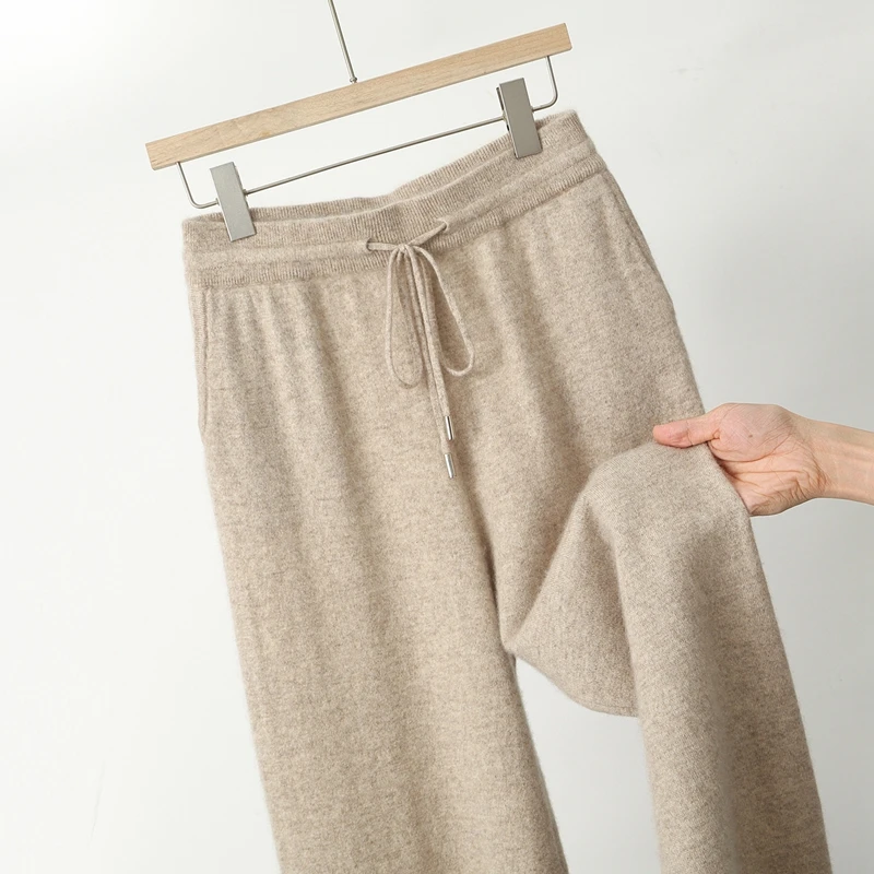 高品質 100% ウール メンズ ストレートパンツ カジュアル 無地 ハイウエスト ニットパンツ 春秋冬 ソフト 暖かい ウールパンツ