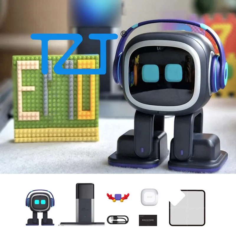 TZT Black Standard Version EMO Desktop AI Robot Emotional Interaction Intelligent Robot Pet with Skateboard Wireless Charger