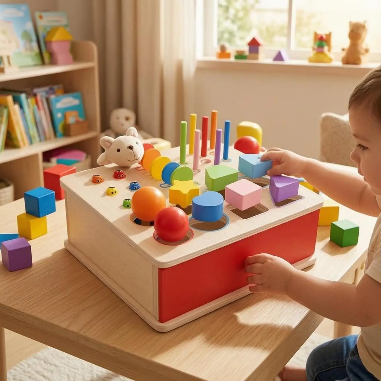 Child-Led Sorting Box Drawer Style Disc Insertion Toy Wooden Shape Matching Box for Young Children, Preschoolers