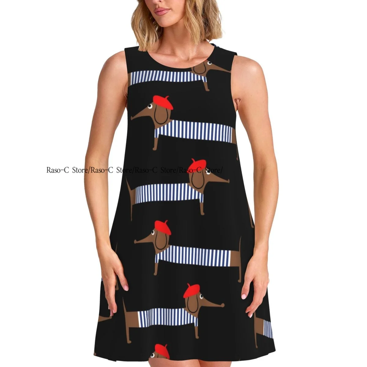 Damesjurk Zomer Casual T-shirt Jurken Strand Cover-up Cartoon Parijse Teckel Tankjurk