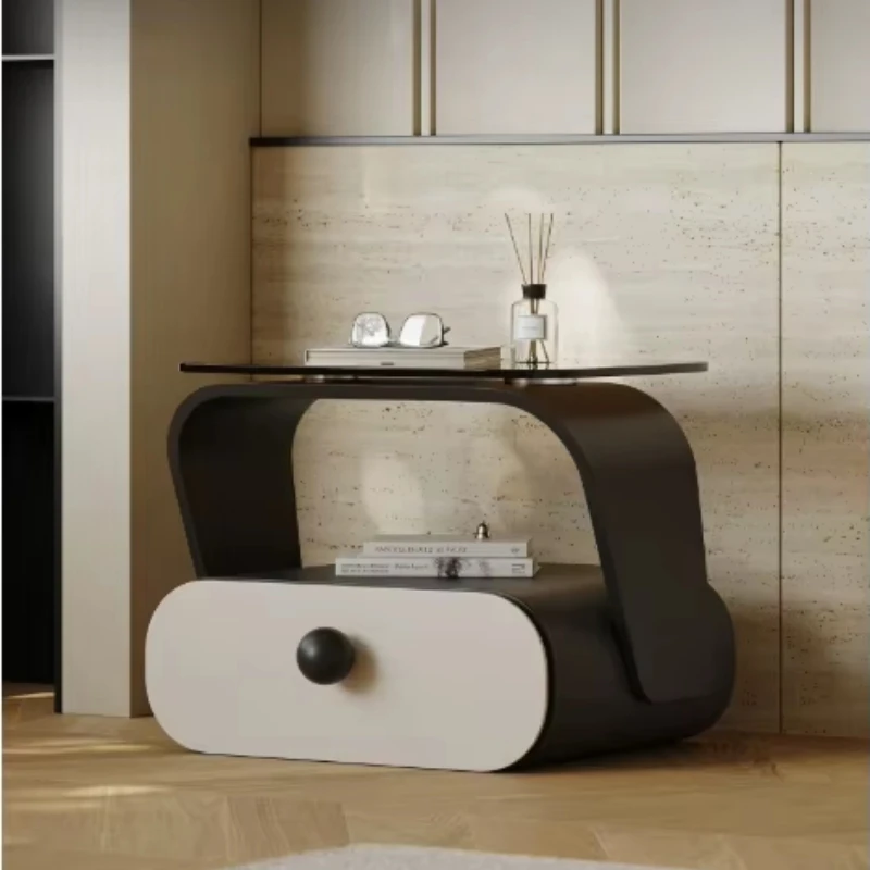 Modern style solid wood panel bedside table, height adjustable, glass table top, suitable for bedroom family use