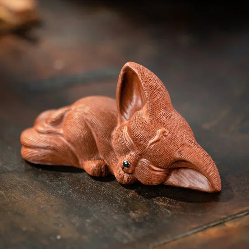 Chinese Yixing Purple Clay Sculpture Tea Pet Lucky Fox Statue Art Ornaments Animal Tea Figurine Crafts Home Tea Set Decors Gifts