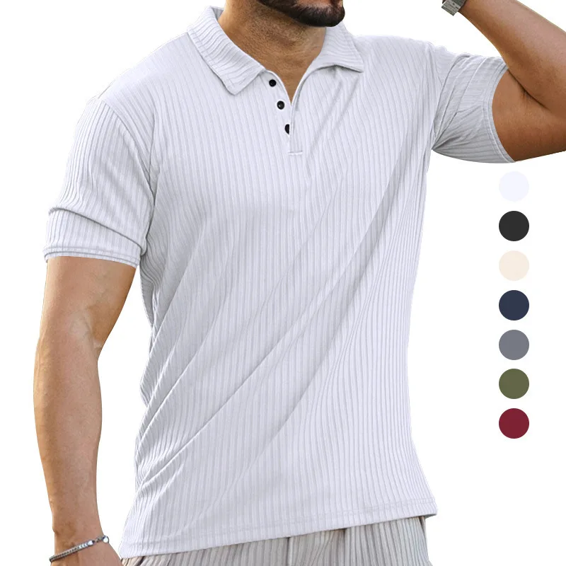 GZMS-Men's T-Shirt, Striped Top, Button Polo Collar, Solid Color, Loose, New