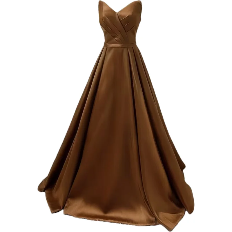 Customized Women's Strapless Simple Satin A Line Evening Party Formal Gown Corset Pleat Sweetheart Long Prom Dresses with Pocket