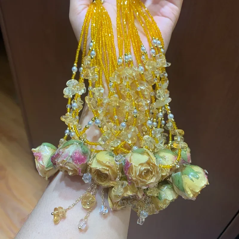 Crystal necklace gentle immortal flower rose with yellow water gravel necklace niche atmosphere versatile vacation collarbone