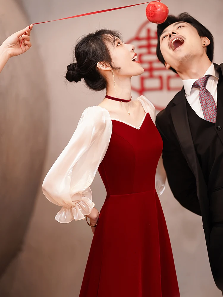 

Red Long Sve Wedding Dr Women's ort Size Formal Evening Gown Autumn Winter High Waist Bubble Sve Zipper Sle Part...