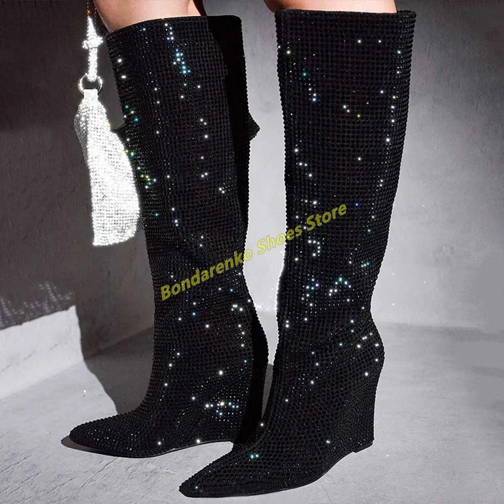 

Black Rhinestone Sparkly Boots Wide Calf Knee High Wedge Heel Pointed Toe Handmade Crystal Women Runway Dress Shoes Slip On