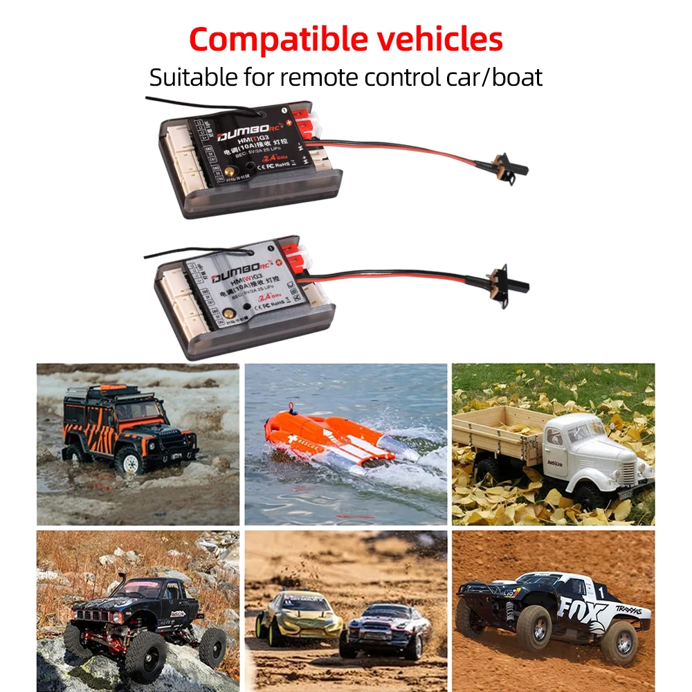 DUMBORC 3in1 Reciver 2.4GH 10A 5V/2A 2S LiPo BEC with Gyro Light Controller for RC Car Boat