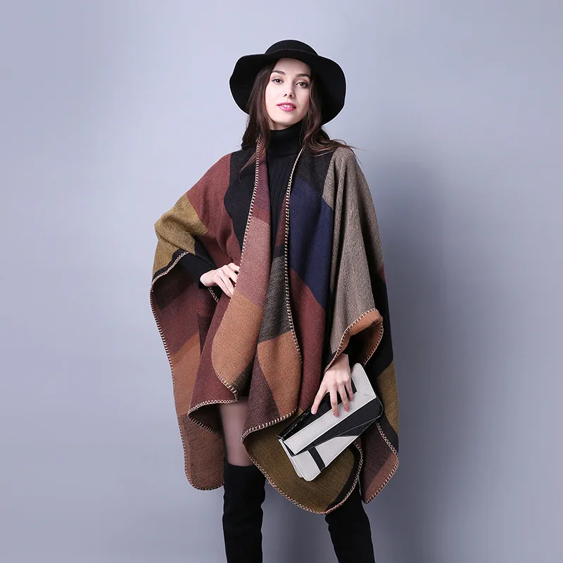 Luxury winter scarf, versatile plaid travel, imitation cashmere shawl, European and American slit thickened cloak for women