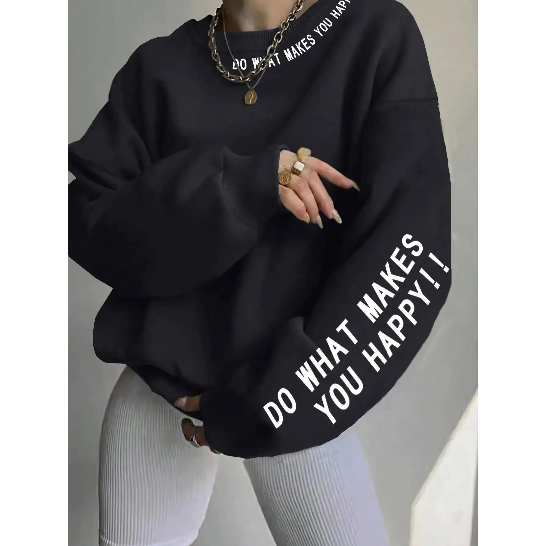 Suda con estampado de letras Do What es You Happy para mujer, material suave y cómodo, ropa de calle informal a la moda