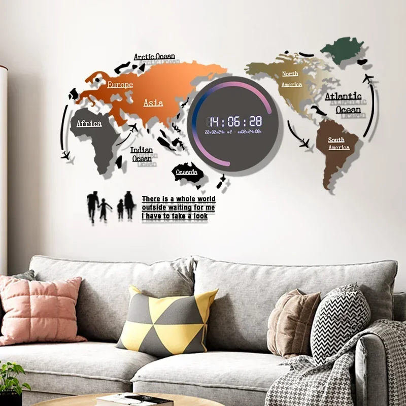 Creative living room wall clock world map clock simple home luminous wall mute clock wall decoration