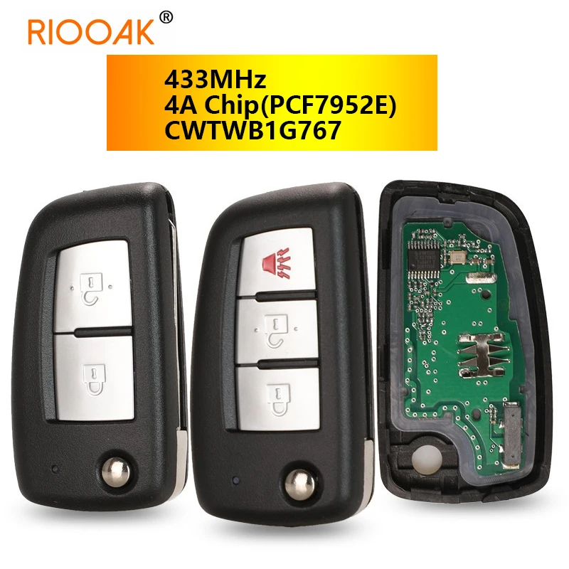 

CWTWB1G767 For Nissan Qashqai J11 Pulsar C13 Juke F15 X-Trail T32 Micr 2/3 Buttons Flip Remote Key with 433MHz 4A PCF7952E Chip