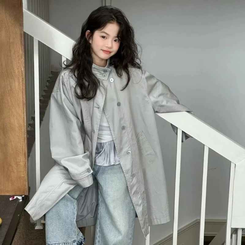

2025 New Korean Inspired Kids' Trench Coat for Girls Classic Solid Color Loose Fitting Long Windbreaker Jacket Casual Outerwear