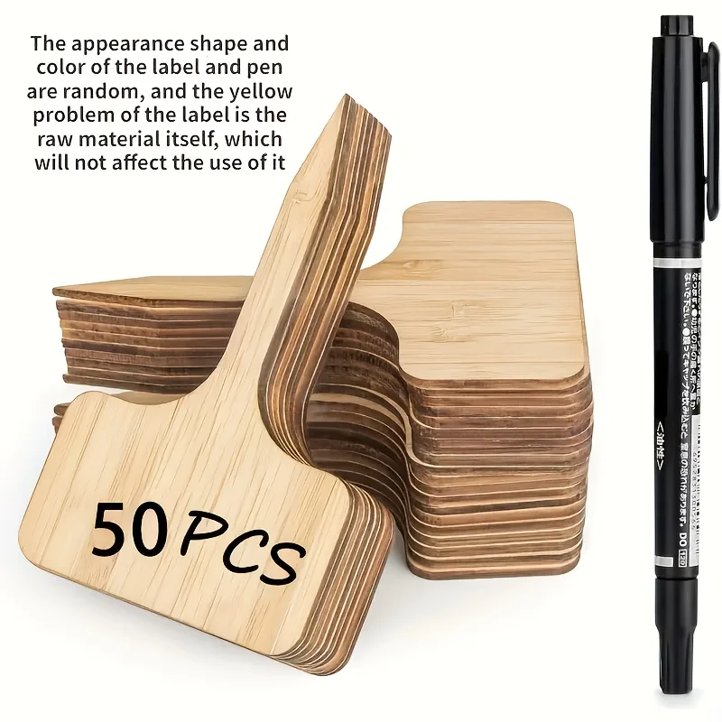 

50 шт. водонепроницаемых бамбуковых этикеток для сада с 1 маркером, прочные Т-образные бирки для растений для комнатных и уличных растений, рассады, овощей