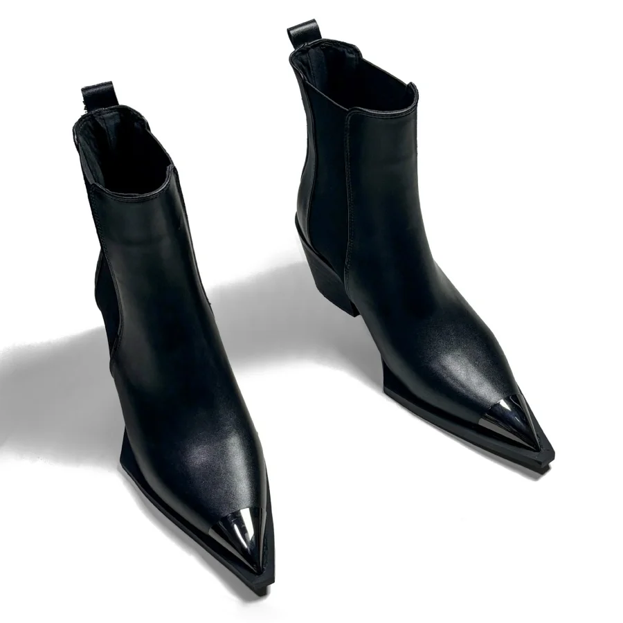 Women's Chunky Heel Chelsea Boots Black Leather Metal Pointed Toe Chunky Block Heel Elastic Side Panel Punk Alternative Shoes