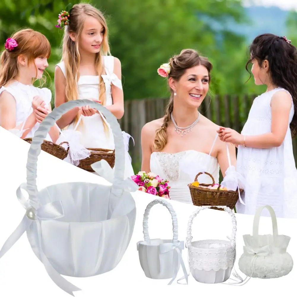 White Bowknot Flower Girls Basket Silk Wedding Basket Flower Bride/Kids Hand Held Party Western Style Wedding Flower Basket