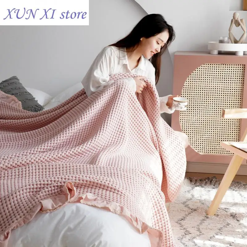 Cotton Soft Bed Plaid Home Japenese Knitted Blanket Corn Grain Waffle Embossed Summer Ruffles Warm Plaid Throw Bedspread