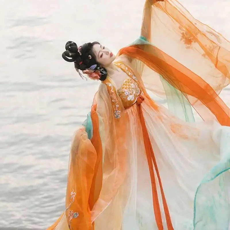2025 فستان هانفو المرأة الصينية التقليدية التطريز هانفو أنثى كرنفال الجنية تأثيري حلي هانفو فستان برتقالي حجم كبير #4