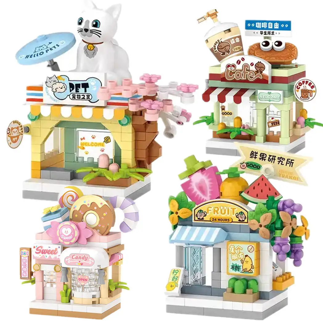 Restaurant Dessert Coffee Pet Fruit Store Street View Food House Building Blocks Kit Girls Bricks Model Kids Toy Boy Child Gifts