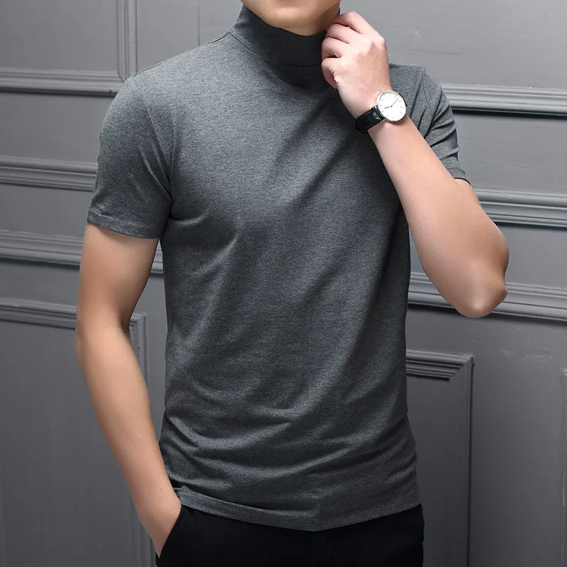 Spring and Summer Men Semi-turtleneck Milk Silk Short Sleeve Slim T-shirt Solid Color Turtleneck Trend Bottoming Shirt