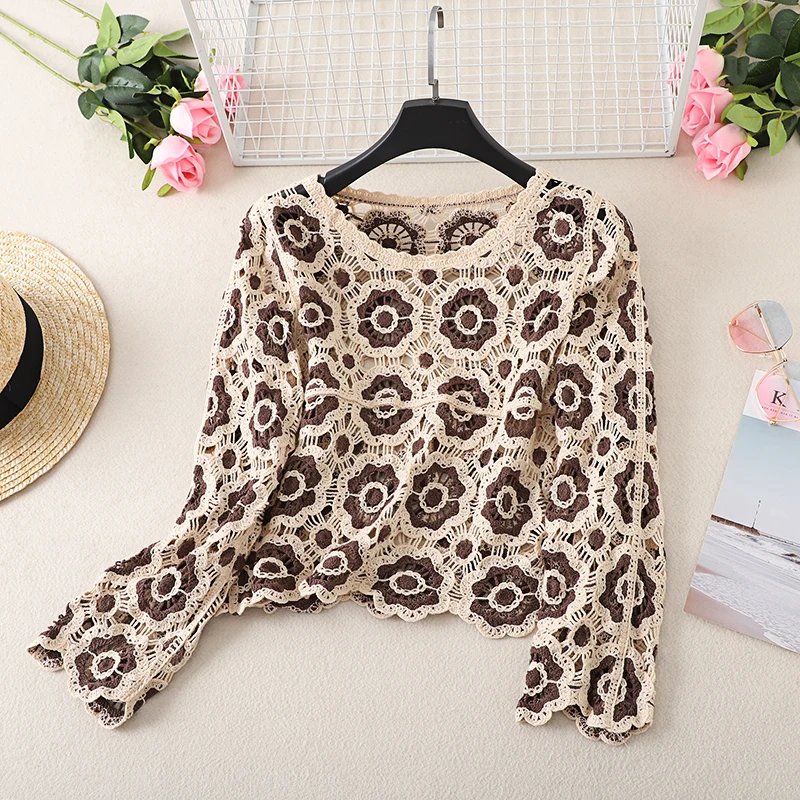 Women s Y2k Crochet Knit Cardigan Long Sleeve Floral Boho Pullover Sweater Button Down Jumper Top