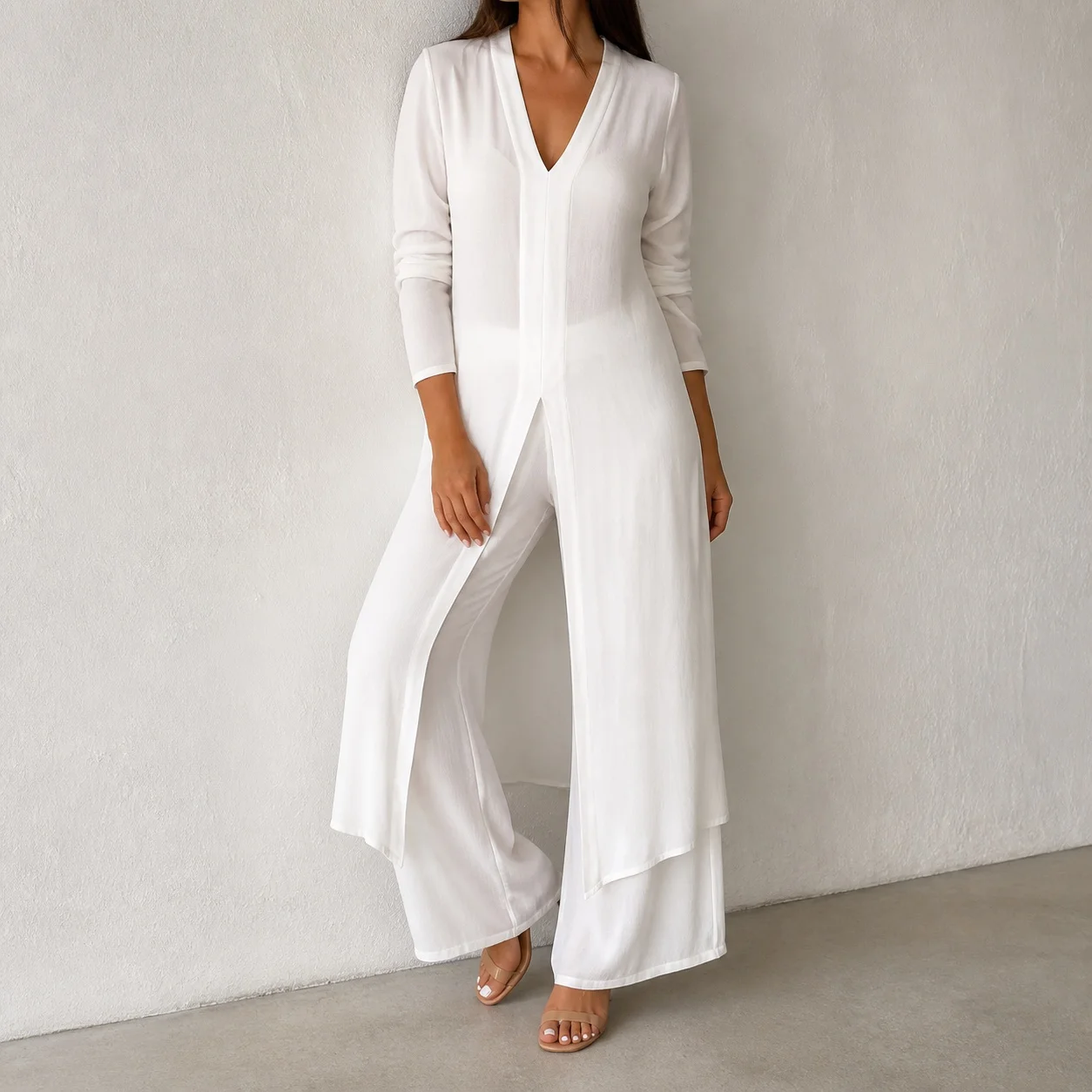 Women's Elegant Matching 2-Piece Set: Solid Color Wrinkle Resistant Blouse and Wide Leg Pants for Spring Summer Evening Wear