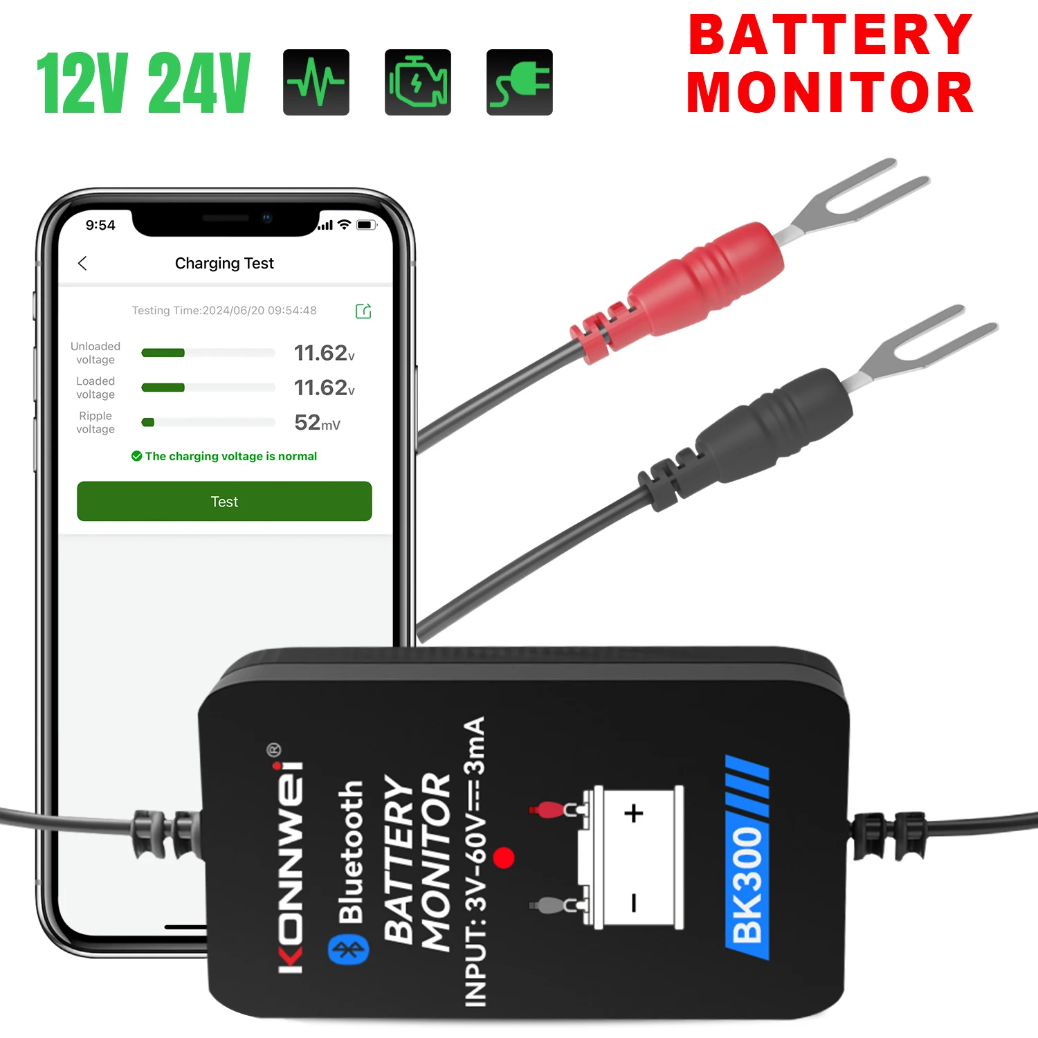 12V 24V Car Battery Analyzer Monitor Tool All Auto Lead Acid Charging Cranking System BT 5.0 for IOS Android Long Term Data Test