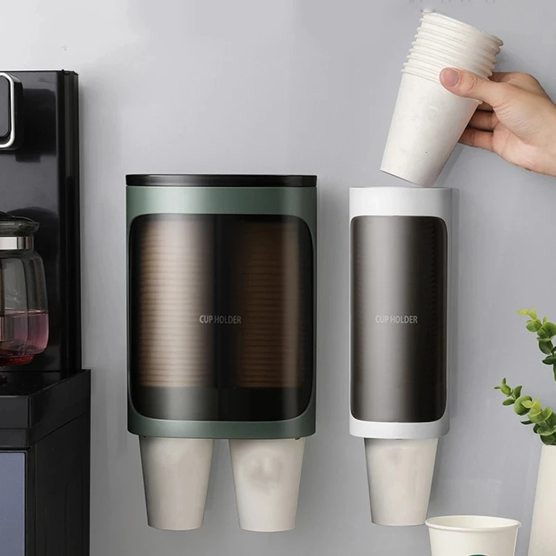 Wall Mounted Disposable Paper Cup Dispenser Pull Type Plastic Cup Holder Anti-Dust Storage Rack Office Tumbler Holders Kitchen