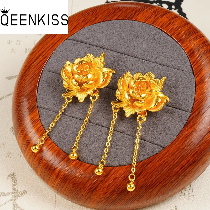

QEENKISS 24KT Gold Vintage Flower Peony Tassel Stud Earrings For Women Wedding Party Birthday Christmas Bride Mother Gift EG5540