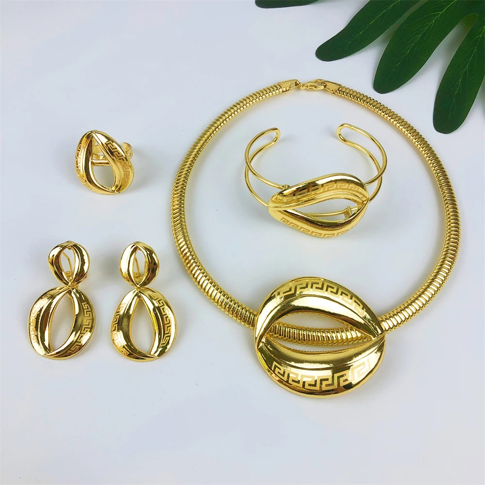 

TITI New Trendy Women Dubai Gold Plated Jewelry Set Luxury Large Pendant Necklace Drop Earrings Wedding Party Jewelry Gift