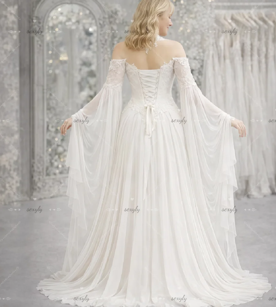 Enchanted Forest Elvish Wedding Dress Belle Sleeve Fairytale Renaissance Celtic Bridal Dress 2026 Lace Bohemian Beach Bride Gown