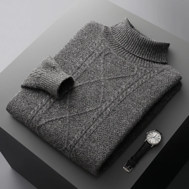 Autumn and Winter New Men's Thickened Cashmere Sweater 100% Beautiful Wool Knitted Top Casual Large High Reverse Collar Pullovre