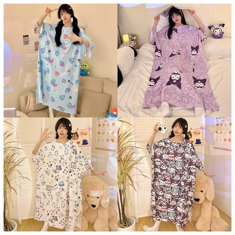 Kawaii Sanrioed Kuromi Hangyodon Pochacco Printed Women\'s Loose Fitting Nightgown Cute Round Neck Short Sleeved Home Clothing