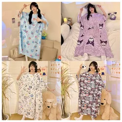 Kawaii Sanrioed Kuromi Hangyodon Pochacco Printed Women's Loose Fitting Nightgown Cute Round Neck Short Sleeved Home Clothing