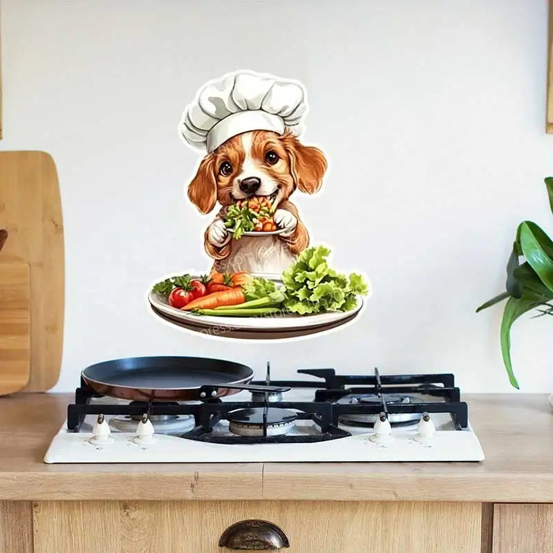 Cute Chef Dog Wall Stickers Home Decor Decals for Living Room Cabinet Fridge - Adorable Pet Kitchen Theme Room Decoration AA428