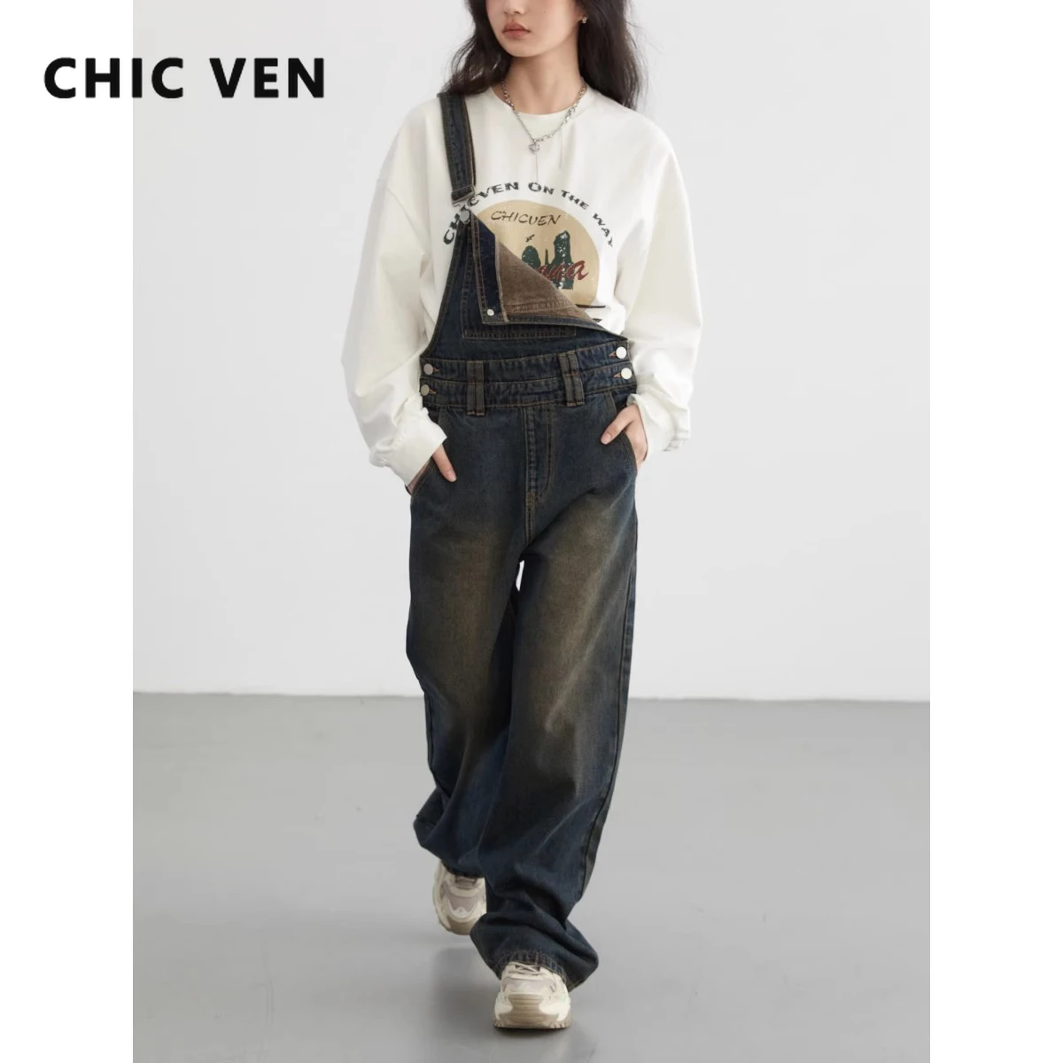 CHIC VEN Women Jeans Blue New Wide Leg Long Strap Overall Denim Pants Female Trousers Woman Clothing Spring Autumn 2024