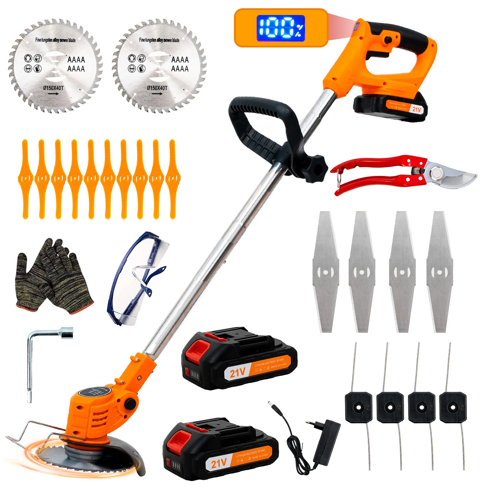 OUTIGO Debroussailleuse Electrique sans Fil, 2 Batteries 21V Et Un Chargeur, 3 Types De Lames,Convient pour la tonte de pelouse