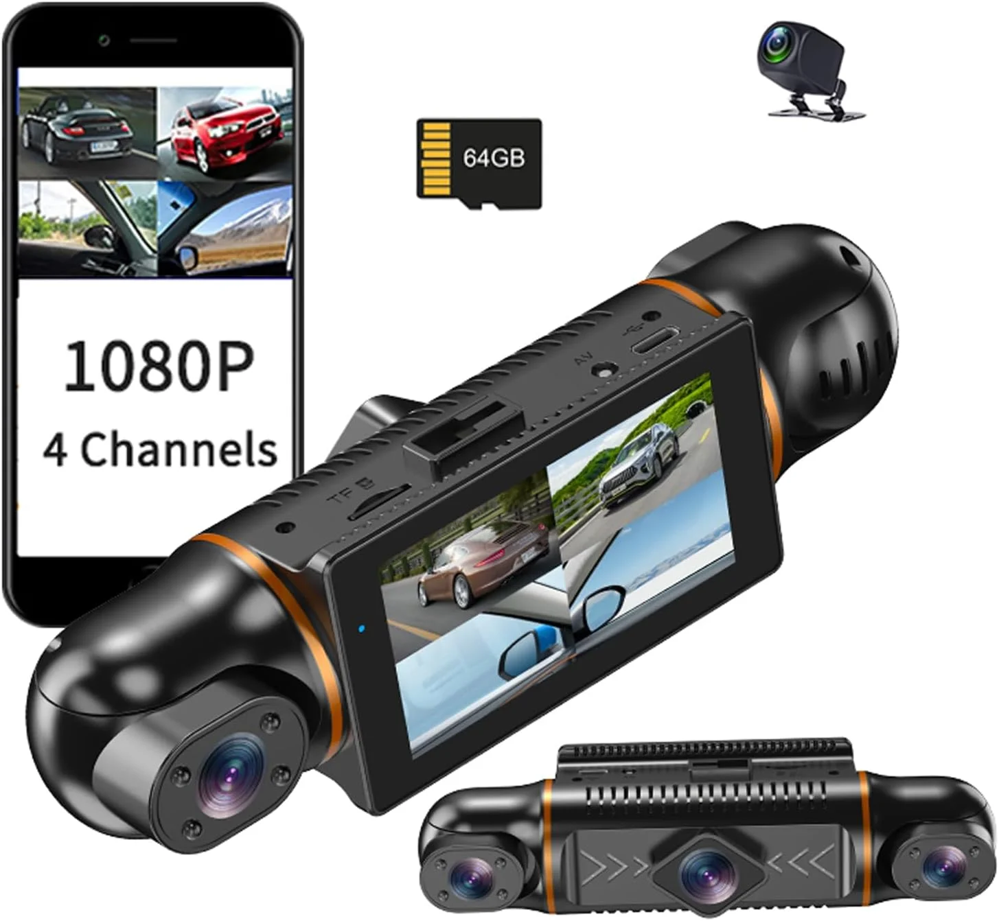 

4 Channel Dash Cam Full HD 1080P Car Camera Recorder 360 Degree IR Night Vision Rotatable Lenses GPS Tracking WiFi Real-Time APP