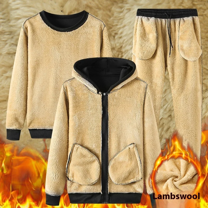 Mens Lamb Fleece Hoodie Pants Set Winter Thick Warm Loose Large Size Outdoor Sports Casual Windproof Cold Protection