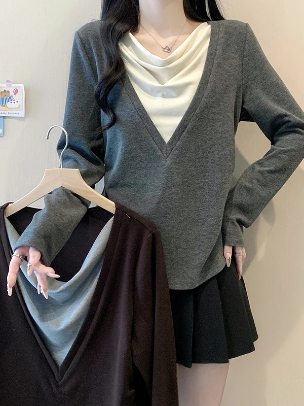 

plus Size Women's Long Sleeve T-Shirt V-Neck Layering Design Spring Autumn New Style Korean Version Loose Fit Commute Style