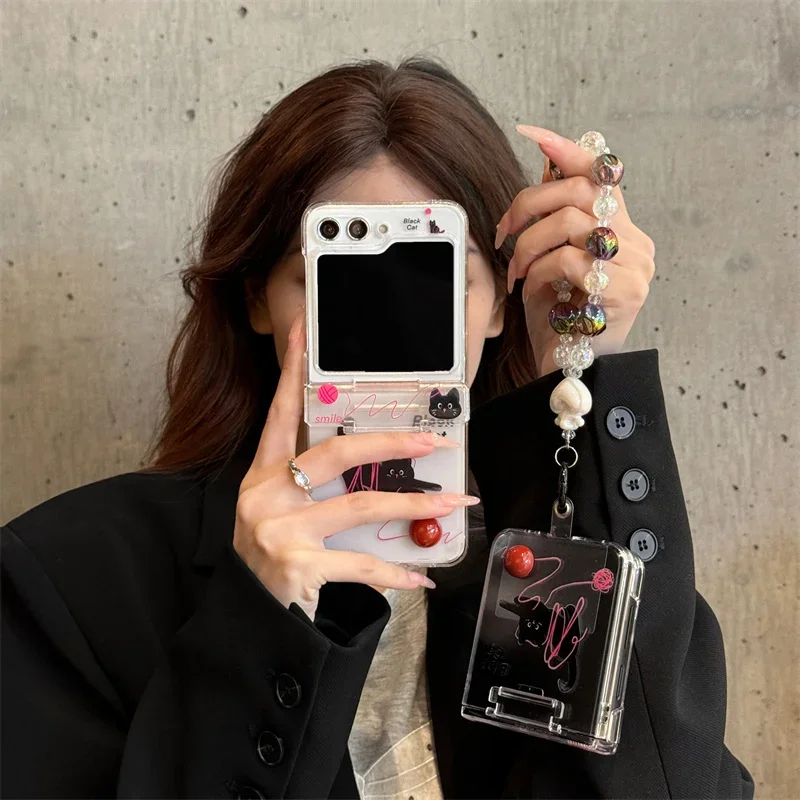 Для Samsung Galaxy Z Flip 3 4 5 6, чехол Z Flip6 ZFlip6, браслет с рисунком черного кота, прозрачная противоударная задняя крышка
